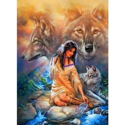 5D DIY Diamond Painting Animal Painting Wolf and People Scenery Picture Square/Round Diamond Cross Stitch Embroidery Decor TX249