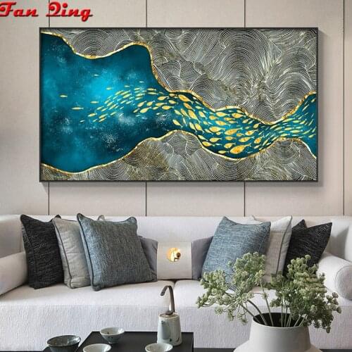 Nordic Minimalist Style DIY Diamond Painting Abstract Golden fish Cross Stitch Square round Diamond Embroidery Home Decor