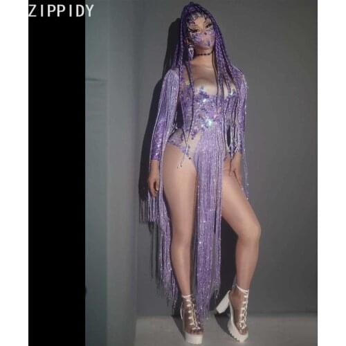 Long Sleeve Fringe Purple Sequin Spandex Bodysuit Birthday Celebrate Costume Women Dance Wear Latin Dance Prom Outfit