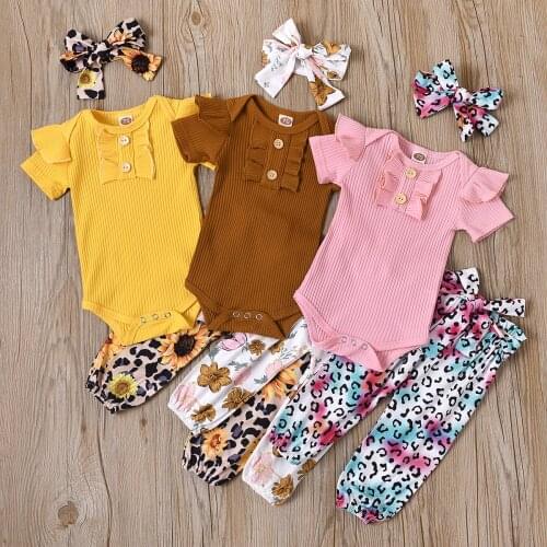 Citgeett Summer Infant Baby Girls Outfits Suits Short Sleeve Solid Ruffle Romper Tops + Floral Printed Long Pant + Headband Sets