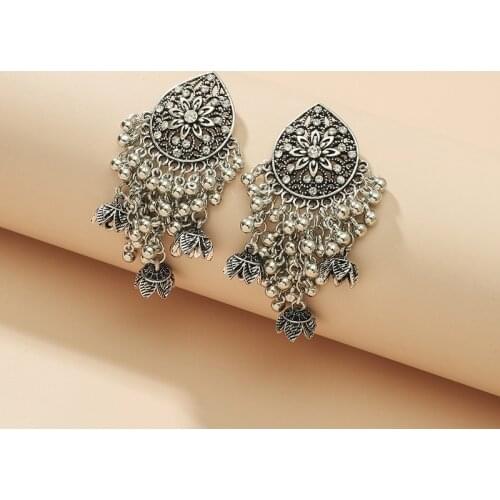 Indian Jhumka Drop Earrings for Women Oxidized Silver Color Alloy Vintage Bells Flower Earring Bridal Turkish Tribal Jewelry