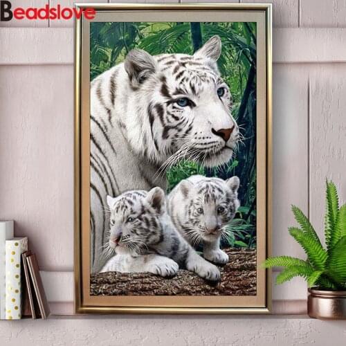 White tiger mother cub 5d diy handcraft diamond painting mosaic full embroidery diamond picture full round drill art