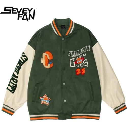SEVEYFAN Mens Fashion Suede PU Leater Patchwork Jackets Towel Embroidery Baseball Coat Hip Hop Coat for Male