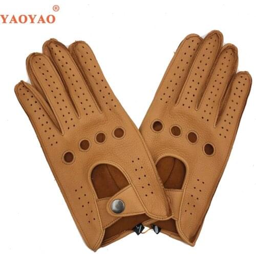 YY8809 Men Winter Genuine Deerskin 100% Leather Thin Gloves Male Black/Brown Hollow Out Holes Locomotive Gym Luvas XL PLUS SIZE