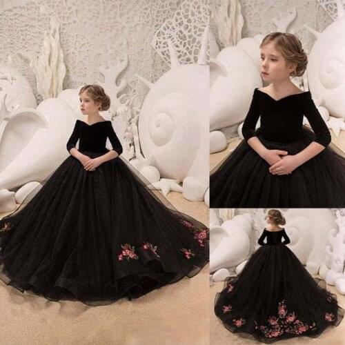 2021 New Kids Dresses Girl Elegant Long Prom Black Embroidery Tulle Gowns Children Stage Dress 8 Grade Graduation Dresses