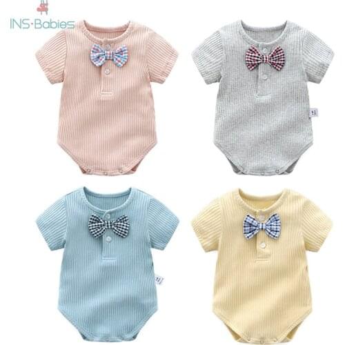 New Baby Boys Bodysuit Candy Color Baby Short Sleeved Clothes Newborn Baby Boys Gentleman Pure Cotton Jumpsuit Kid Underwear