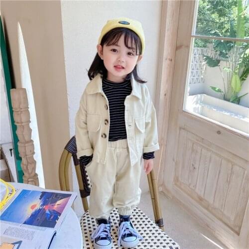DFXD New Childrens Set Spring Autumn Toddler Boys Girls Solid Jeans Suit Fashion Cargo Set Outfit Big Pockets Buttons Coat+Pant