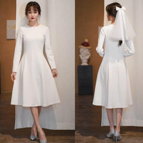 Soft Satin Tea Length Wedding Bridal Gown Long Sleeve Zipper Round Neck A line Dance Simple Bridesmaid Dress Real Photo 4217