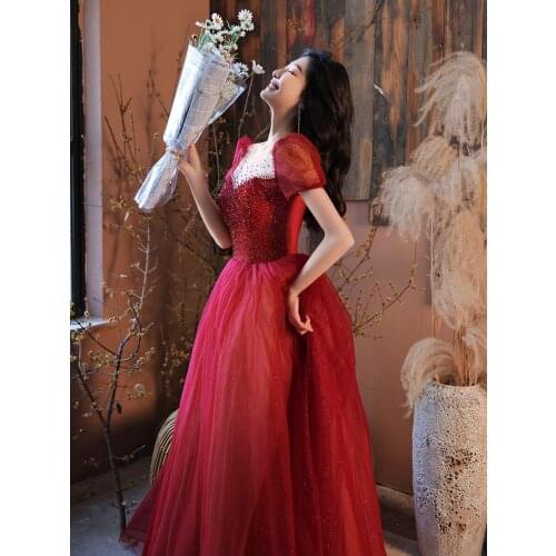 Bride Short Sleeves A-line Floor-length Evening Dresses Burgundy Woman Beading Tulle Formal Toast Clothing