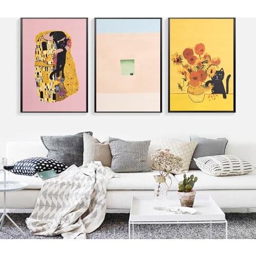 Sunflower Posters And Prints Black Cat Kiss Sleep Canvas Painting Wall Pictures For Living Room Kids Bedroom Cuadros Home Decor