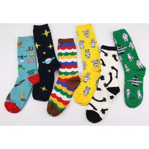 Rainbow Stripes Geometric Space Robot Salad Clouds Cartoon Food Funny Happy Sock Female Women Harajuku Kawaii Streetwear Hosiery