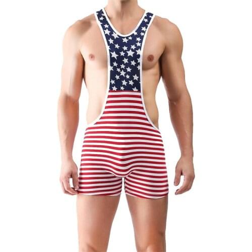 Sexy Men Undershirt Strip Underwear Soft USA Flag Bodysuit Sexy Tank Tops Men Bodysuit Jumpsuits Wrestling Singlets Undershirts