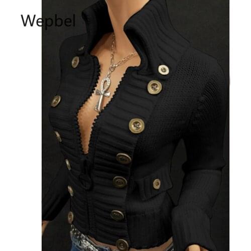 Wepbel Long Sleeve Cargidan Swearters Zipper Slim Fit Sweater Top Women Solid Color Buttons Top Jumpsers High Collar