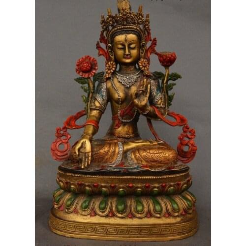 15" Tibet Bronze Drawing Color God 7 eyes White Tara spirit of Compassion Statue