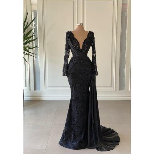 2021 Arabic Aso Ebi Black Luxurious Mermaid Evening Dresses Deep V-neck Prom Dresses Lace Beaded Formal Party Second Reception G