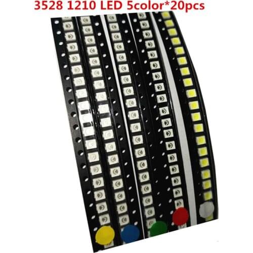 100pcs=5colors x 20pcs 3528 1210 LED Diode Assortment SMD LED Diode Kit Green/ RED / White / Blue / Yellow