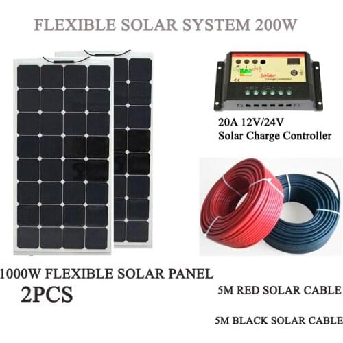 200w solar system kits; 2pcs 100w flexible solar panel; 20A solar charge controller; 5M red and 5M black solar cable
