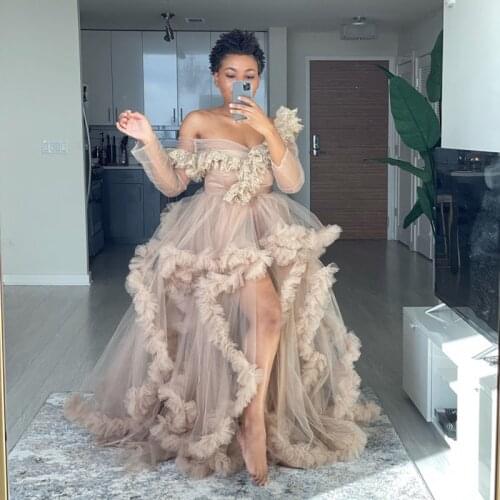 2020 Trendy Asymmetrical Tulle Women Formal Event Party Dresses See Thru Full Sleeves Ruffles Tulle Long Women Dress