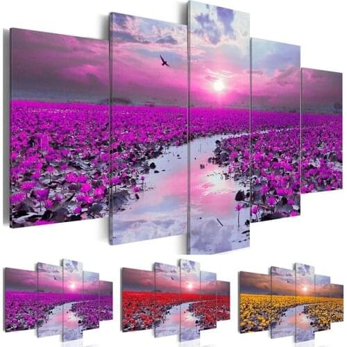 Beautiful Flower Sea Natural Scenery Poster Purple Red Yellow Lotus Canvas Painting Wall Art 5Pcs Pictures for Modern Home Decor