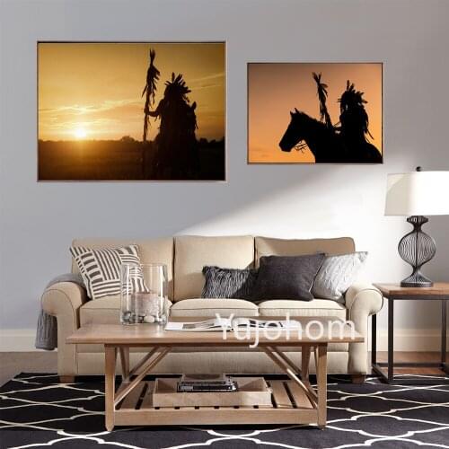 Abstract Native Indian Ride Horse Portrait Sunset Landscape Canvas Posters and Prints Cuadros Art Wall Picture for Living Room