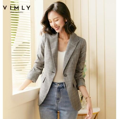 Vimly Autumn Women Houndstooth Blazer Elegant Notched Single Button Slim Work Wear Office Lady Suit Female Coat F5791