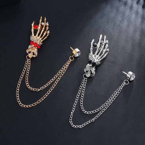 DoreenBeads Fashion Halloween Pin Brooches Skull Wing Hand Gold Clear Rhinestone Creative Jewelry Charms 12.5cm, 1 Piece