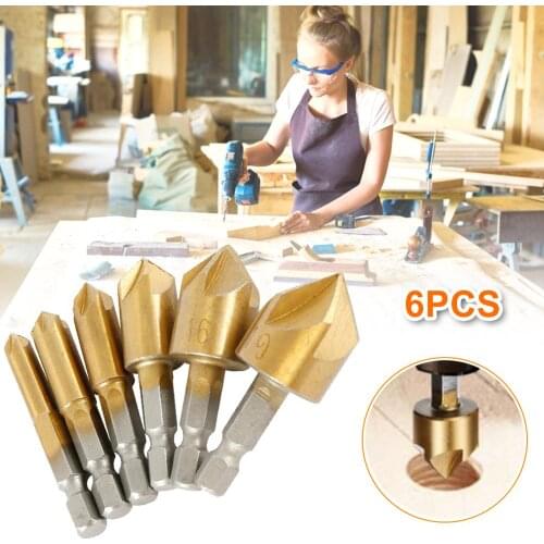 6pcs HSS Chamfer Countersink Chamfer Drill Bit 1/4" Hex Shank 90 Degree Wood Chamfering Cutter 6mm-19mm