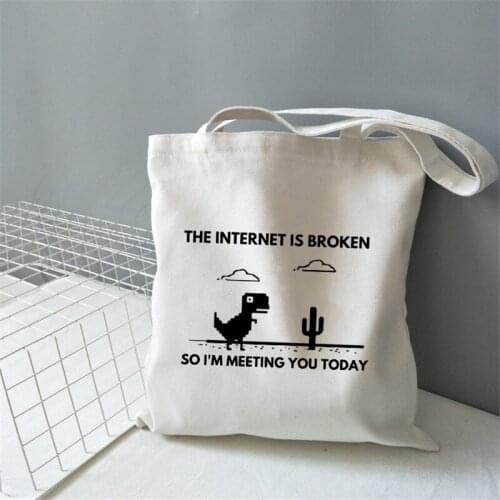 Dinosuar Print Canvas Shoulder Bag Lady Handbag Internet Is Broken So I'm Outside Today Reusable Large Capacity Tote Bags