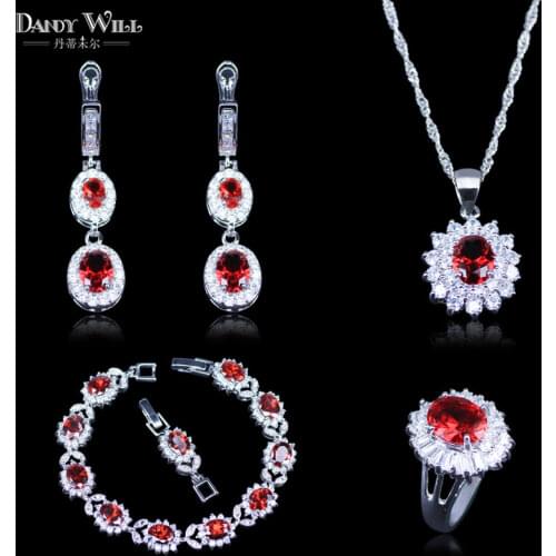 Classic Dubai Style Red Created Garnet White Zircon Silver Color Jewelry Sets Bracelets Pendant Earring Ring for love