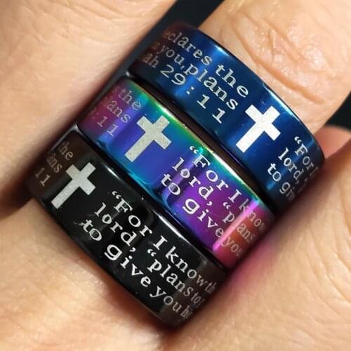 50pcs Color Mix Jeremiah 29:11 lords prayer Cross Bible Ring Men Women Jesus Stainless Steel Rings Wholesale Religious Jewelry