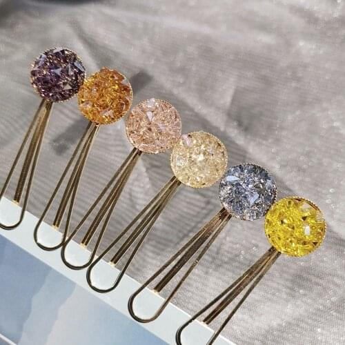 Korea Shiny Bright Yellow Purple Crystal Rhinestones Hair Clips Geometric Round Hairgrip Metal Hair Accessories For Women