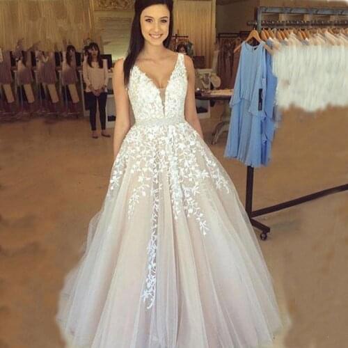 Deep V Neck Lace Wedding Dresses Light Champagne Floor Length Applique A Line Backless Bridal Gowns with Beade Belt 2021 New