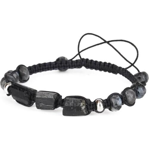 Natural Rough Black Tourmaline Healing Stone Bead Chunky Faceted Labradorite Rope Adjustable Macrame Energy Bracelet Unisex