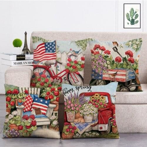 Spring Flower flag truck Printed Retro Cushion Cover Linen Throw Pillow Car Home Decoration Decorative Pillowcase T491