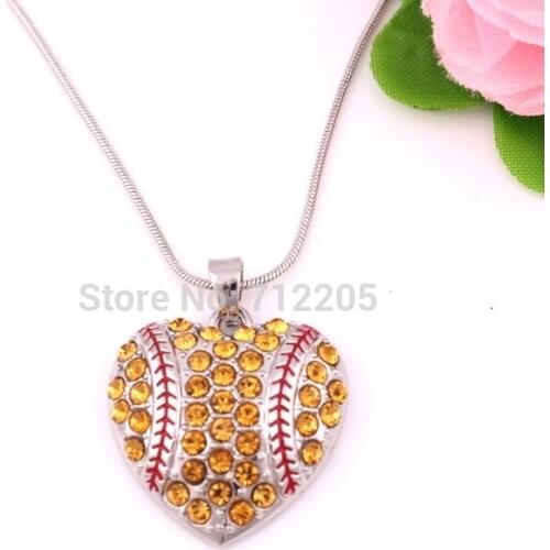 New Arrival 10pcs rhodium plated zinc studded with sparkling crystals Baseball Heart Pendant chain necklaces