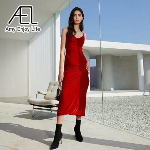 AEL Sexy V-Neck Slits Slip Dress Summer Women Party-Dress Backless Red Velvet