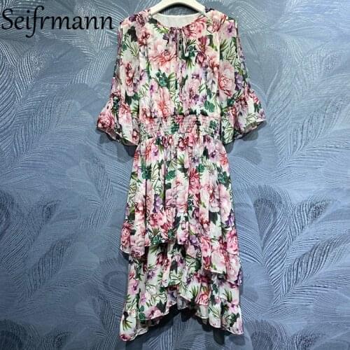 Seifrmann New 2021 Summer Women Fashion Designer Party Midi Dress Flare Sleeve Bow Elastic Waist Ruffles Floral Printed Dresses