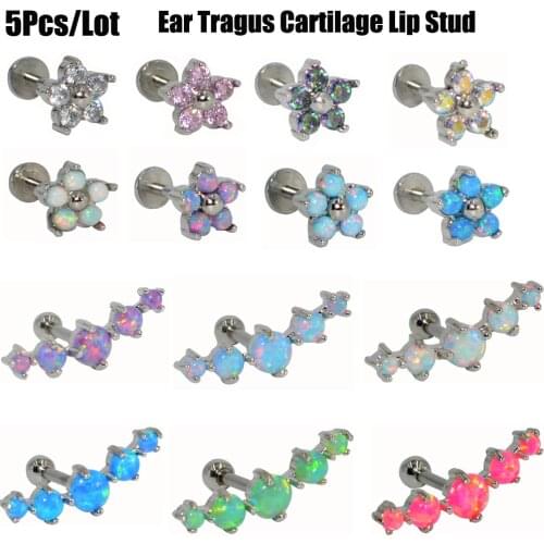 5Pcs/lot Ear Tragus Cartilage Helix Earring Stud Opal Cubic Zircon Flower Flower Upper Lobe Inner Conch Stud Piercing Jewelry