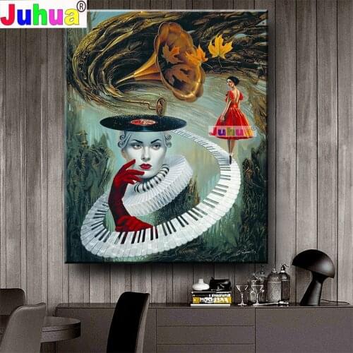 Surrealism Art 5d diy diamond painting"Piano dancing Girl"full square round drill rhinestone Embroidery Home Decoration