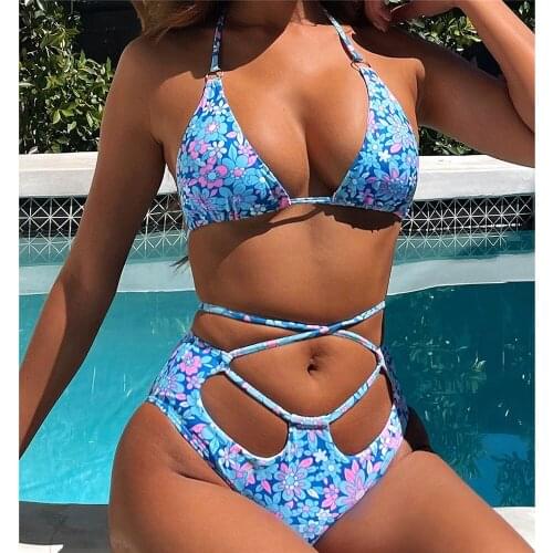 Floral Print Triangle Bikinis 2021 Mujer Sexy String Halter Swimsuit Women High Waist Swimwear Wrap Around Biquinis Bikini Set