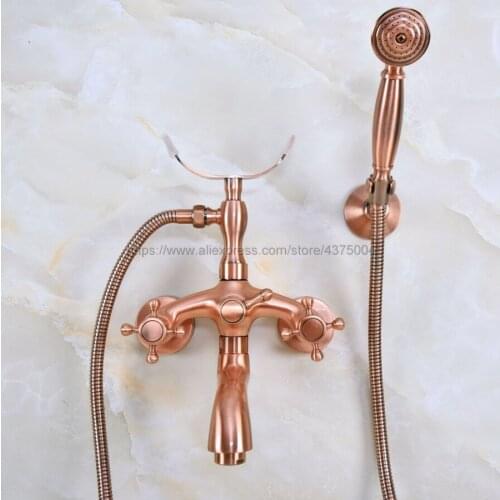 Bathroom Antique Red Copper Clawfoot Bathtub Faucet Deck Mounted Double Handle Tub Faucet With Handheld Showers Nna369