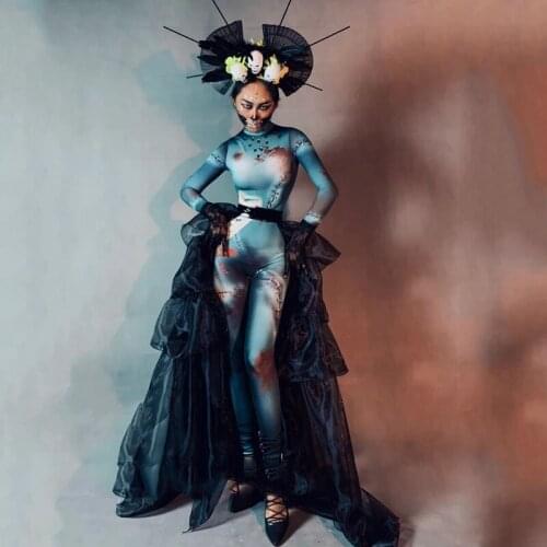 Jazz/Pole Dance Clothing For Women Halloween Party Decorative Stage Performance Costumes Skull Headgear Gauze Skirt Rave Outfit