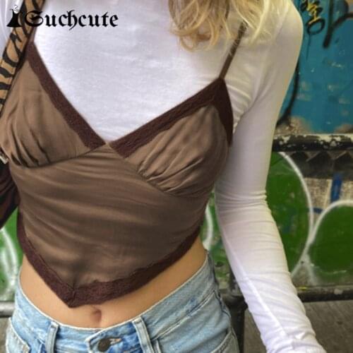 SUCHCUTE Lace Trim Brown Corset Tops For Women Streetwear Modis 90s Outfits Cute Tank Tops Sexy V-Neck Camisole