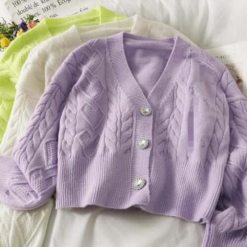 Retro Fashion Violet Twist Loose Knit Cardigan Womens Autumn Winter Single Breasted Long Sleeve Sweater Coat Knitwear