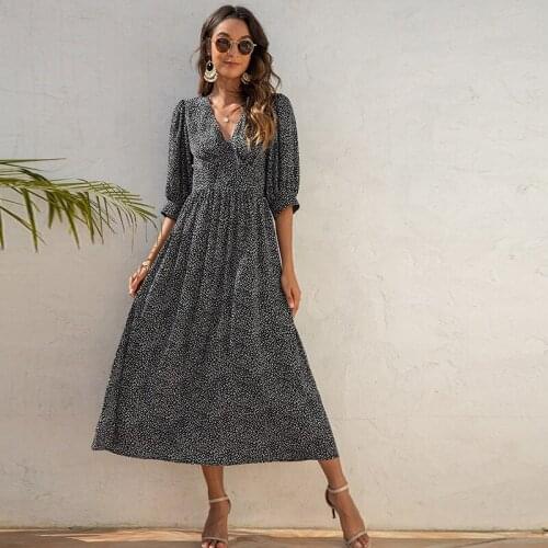 2021 Summer New Style Womens V-neck Fashion Print Five-point Sleeves Polka Dot Black High Waist Sexy Mature Dress