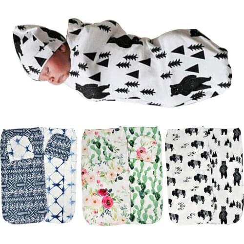 2Pcs/Set Newborn Fashion Baby Swaddle Blanket Printed Newborn Infant Baby Boys Girls Sleeping Swaddling +Headband Sack Bedding