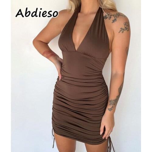Abdieso Halter Sexy Summer Dress V Neck Backless 2021 Ruched Drawstring Mini Bodycon Womens Dress Club Party