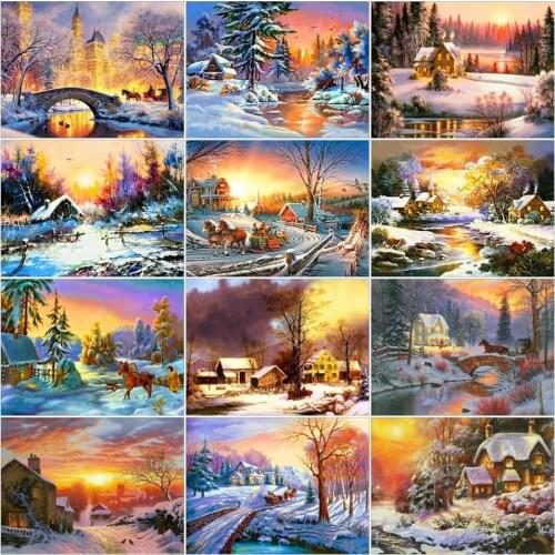 Full Drill 5D Diy Diamond Painting Winter Sunset Cross Stitch Diamond Embroidery Landscape House Handmade Mosaic Home Decor Gift