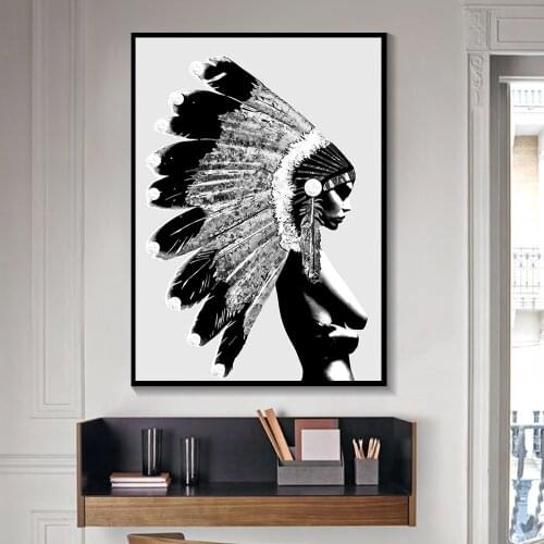 Black and White Color India Girl Figure Painting Nordic Poster Wall Art Print Canvas Painting Pictures For Living Room Decoratio