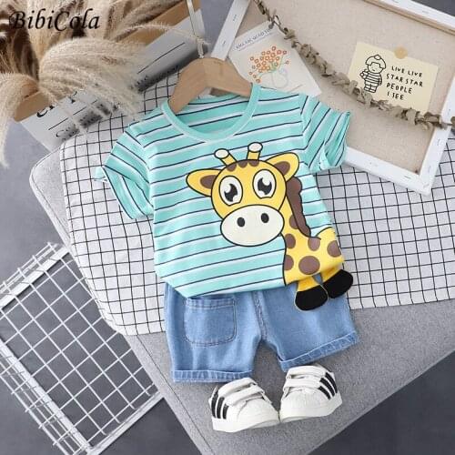 BibiCola Baby Boy Clothes Cartoon Cute Stripe Printed Cotton Long Sleeve Two-piece Boy Clothes Casual Baby Suit 1-5 Years Old